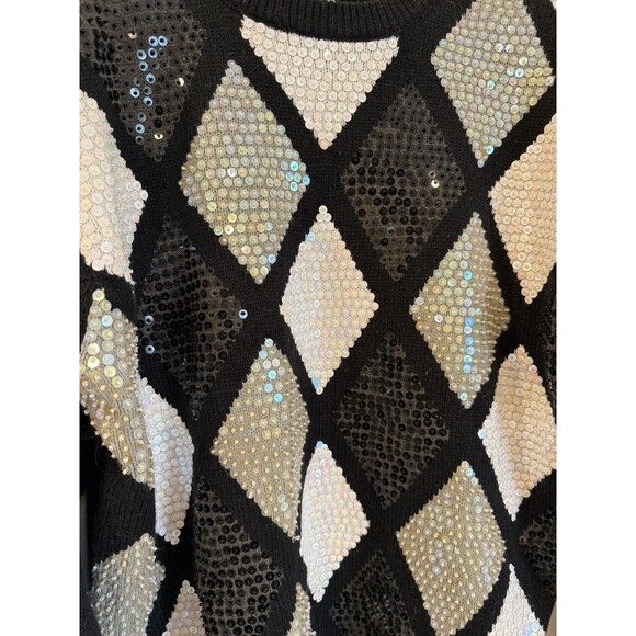 Vintage Alfred Dunner Sequin Sweater Diamond Patterns Black White XL - Picture 3 of 7